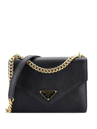 Pre-owned Prada Envelope Flap Chain Shoulder Bag Saffiano Leather Small Crossbody Bag In Black