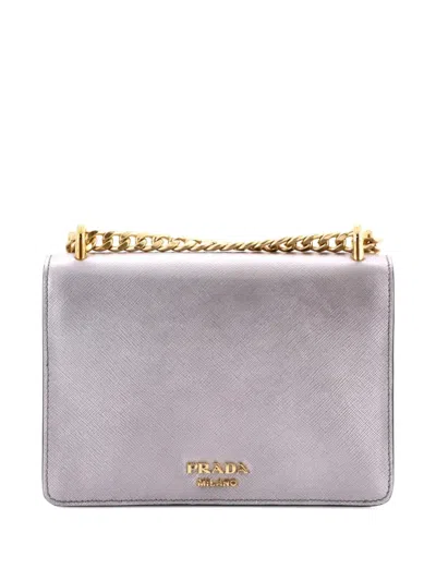 Pre-owned Prada Envelope Flap Chain Shoulder Bag Saffiano Leather Small Crossbody Bag In Silver