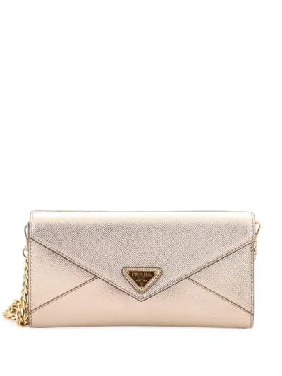 Pre-owned Prada Envelope Wallet On Chain Saffiano Leather Crossbody Bag In Gold