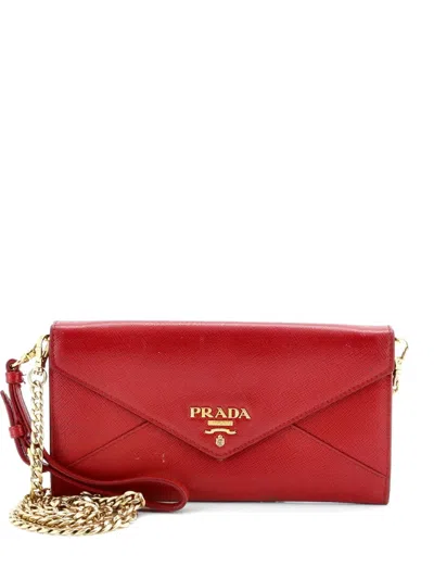 Pre-owned Prada Envelope Wallet On Chain Saffiano Leather Crossbody Bag In Red