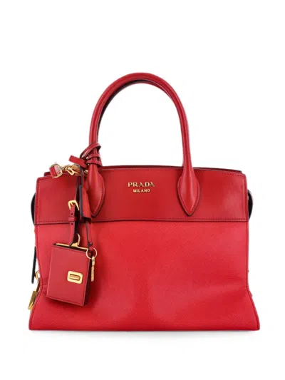 Pre-owned Prada Esplanade Saffiano With City Calf Medium Tote Bag In Red