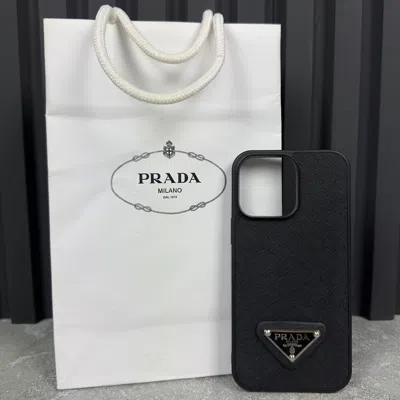 Pre-owned Prada Euc Authentic Iphone 14 Pro Max Saffiano Leather Case In Black