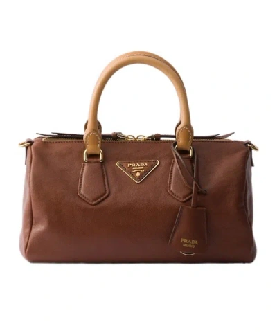 Prada Evasion Small Leather Top-handle Bag In Brown