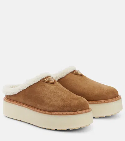 PRADA EVOLVE SHEARLING-LINED SUEDE PLATFORM MULES