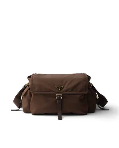 Prada Explore Large Re-nylon Shoulder Bag With Flap In Sienna