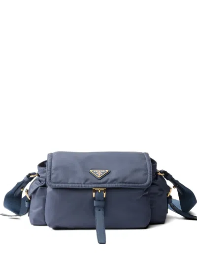 Prada Explore Medium Nappa Leather Shoulder Bag With Flap In Blue