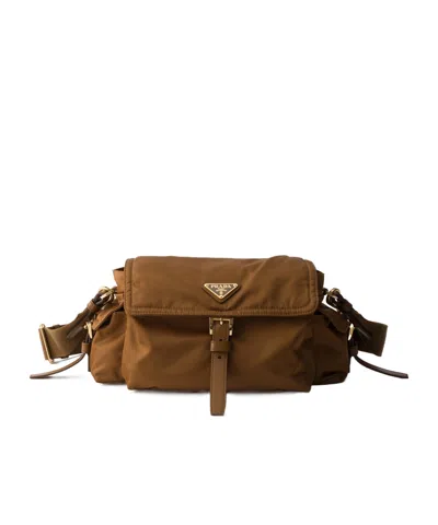 Prada Explore Medium Re-nylon Shoulder Bag With Flap In Brown