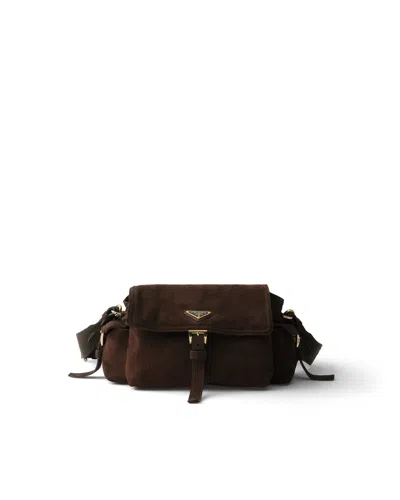Prada Explore Medium Suede Shoulder Bag With Flap In Brown