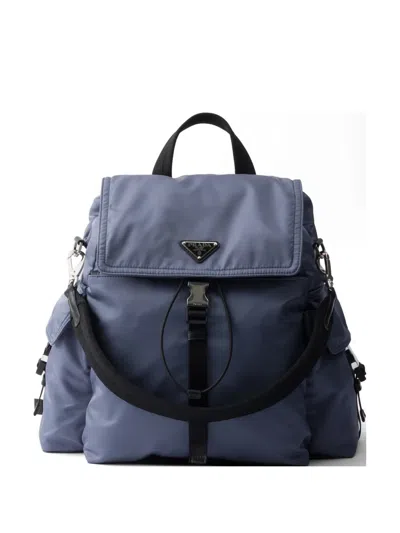 Prada Explore Re-nylon And Leather Backpack In Blue