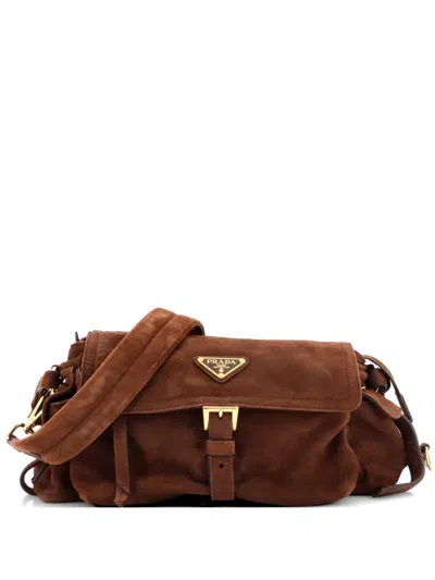 Pre-owned Prada Explore Suede Medium Shoulder Bag In Brown
