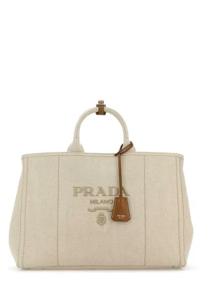Prada Extra Large Canvas Shopping Handbag With Top Handles In Beige O Tan