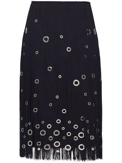 Prada Eyelet-embellished Fringe Skirt In Navy
