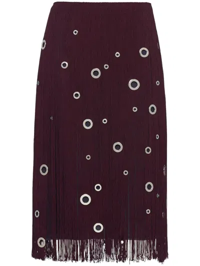 PRADA EYELET-EMBELLISHED FRINGED MIDI SKIRT