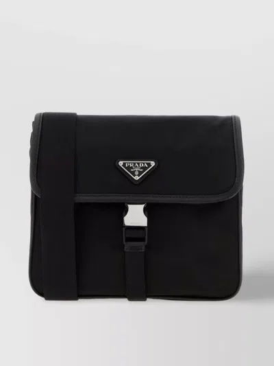 Prada Fabric Leather Shoulder Bag Adjustable Strap Front Flap In Black