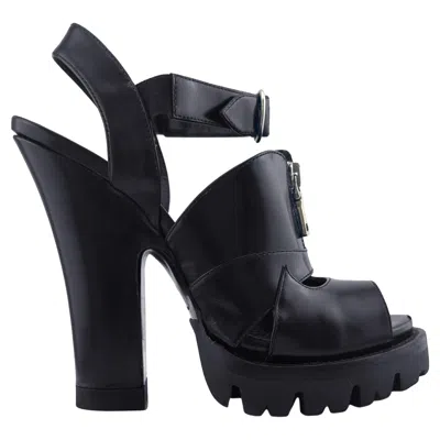 Pre-owned Prada Fall 2013 Runway Black Leather Heeled Sandals With Chunky Treads 37.5