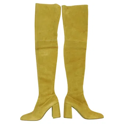 Pre-owned Prada Fall 2015 Chartreuse Suede Over The Knee Boots In Brown