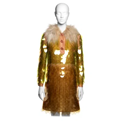 Pre-owned Prada Faux Fur Collar Plastic Pailette Embroidered Cocktail Dress, Fw 2011 In Brown