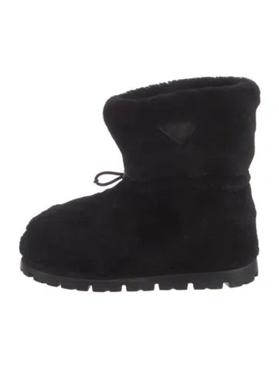 Pre-owned Prada Faux Fur Faux Fur Trim Lace-up Boots In Black