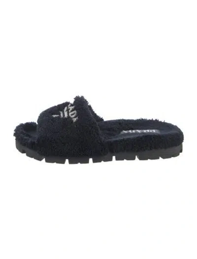Pre-owned Prada Faux Fur Graphic Print Slides In Blue