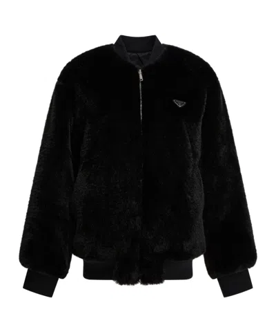 Prada Faux-fur Logo Jacket In Black