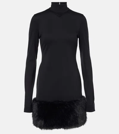PRADA FAUX FUR-TRIMMED TURTLENECK JERSEY MINIDRESS