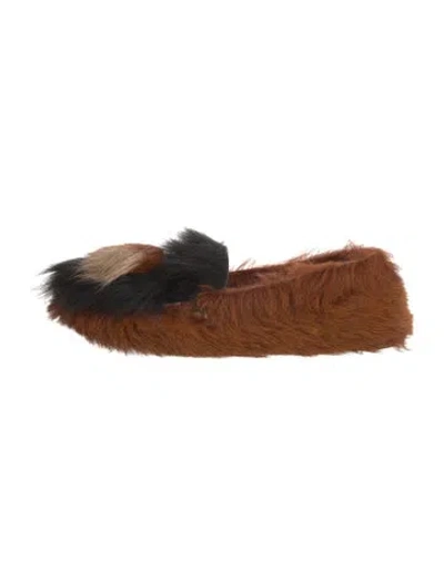 Pre-owned Prada Faux Fur Tweed Pattern Mules In Brown