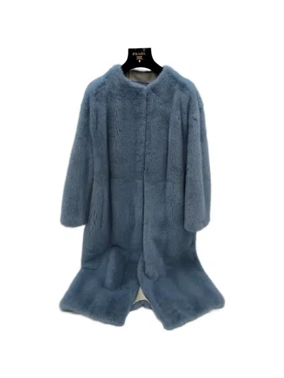 Prada Faux-fur Collarless Coat In Blue