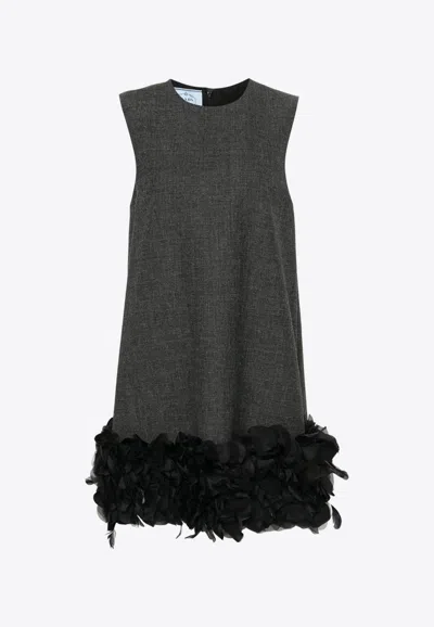 Prada Feather And Petal Trimmed Mini Dress In Gray