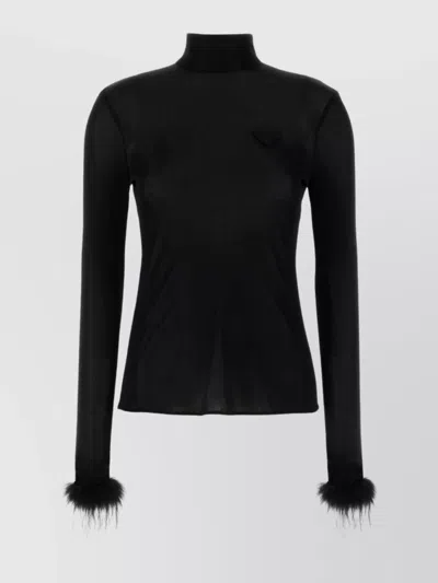 PRADA FEATHER CUFF HIGH NECK SHEER FABRIC TOP
