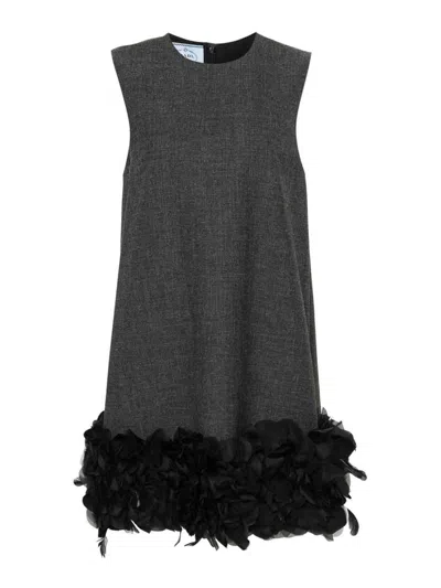 Prada Feather And Petal Trimmed Mini Dress In Grey
