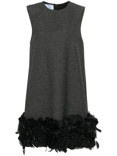 Prada Feather And Petal Trimmed Mini Dress In Grey