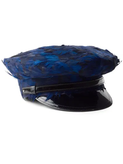Prada Feather-embellished Baker Boy Hat In Blue