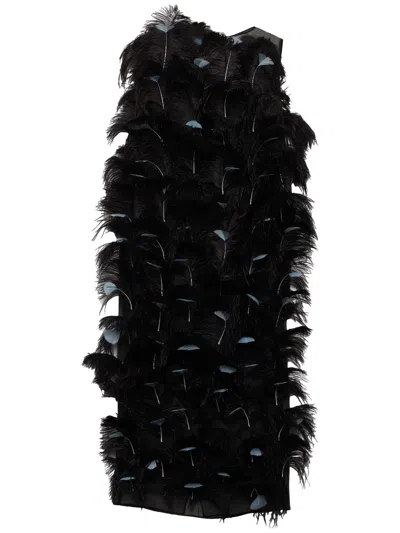 Prada Kleid Aus Seiden-organza Mit Federverzierung In Schwarz