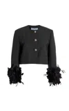 Prada Mat Feather-cuff Cropped Jacket With Crystal Buttons In Grey