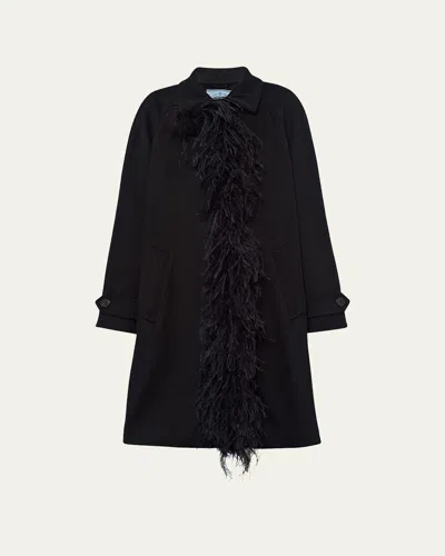 Prada Feather-trim Cashmere Coat In Nero