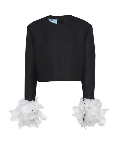 Prada Single-breasted Wool Jacket With Feathers In Black/white