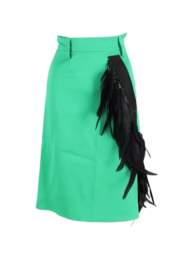 Pre-owned Prada Feather-trimmed A-line Midi Skirt In Green