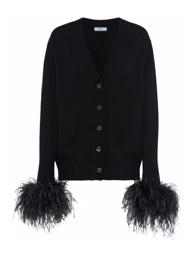 Prada Feather-trimmed Cashmere Cardigan In Black