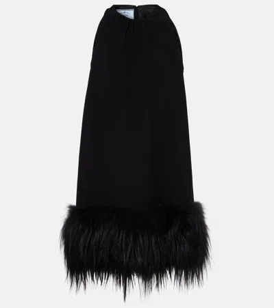 Prada Feather-trimmed Minidress In Schwarz