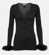 Prada Ribbed Feather-cuff Silk Cardigan In Nero
