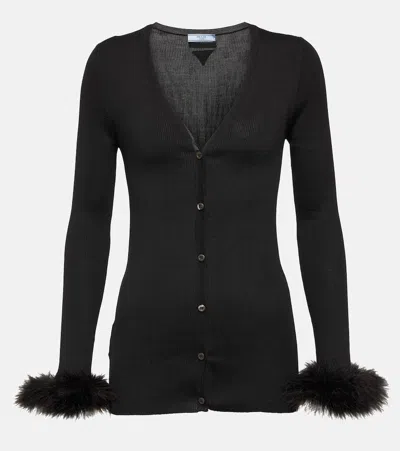 Prada Feather-trimmed Silk Cardigan In Nero
