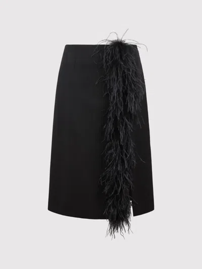 Prada Feather-trimmed Wool Midi-skirt In Black