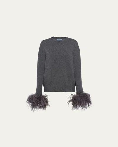 Prada Feathered-cuff Cashmere Sweater In Ardesia