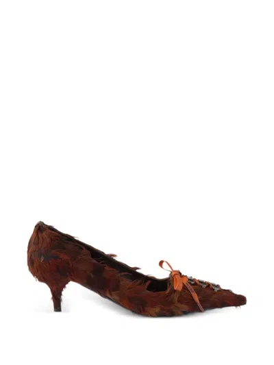 Prada Feather-embellished Satin Pumps In Brown