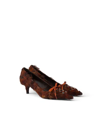 Prada Feather-embellished Satin Pumps In Coffee