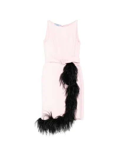 Pre-owned Prada Feather-trim Belted Dress In Pink