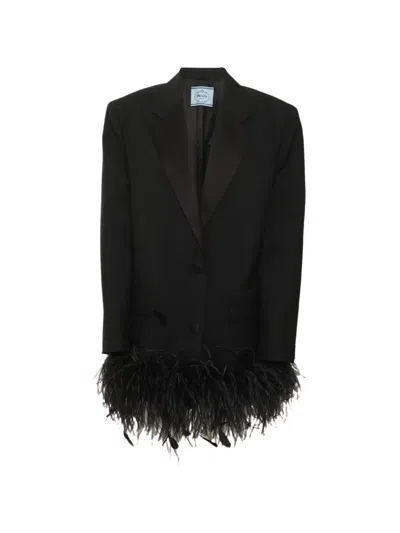 Pre-owned Prada Feather-trim Single-breasted Blazer In Black