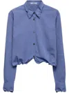 Prada Collared Neck Long Sleeve Textured Fabric Top In Blue