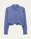 Prada Collared Neck Long Sleeve Textured Fabric Top In F0216 Baltico
