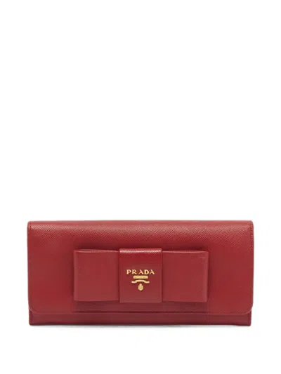 Pre-owned Prada Fiocco Bow-detail Leather Wallet In Red